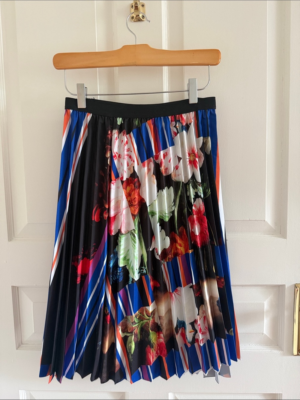 Pleated Floral Stripe Midi Skirt - Multi